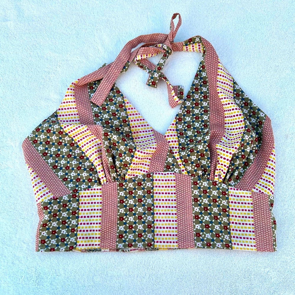Patchwork  Halter Top 70’s Style Backless Hippie Gypsy Smocked front